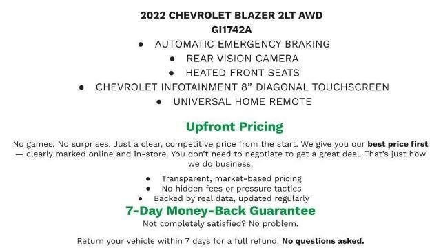 2022 Chevrolet Blazer 2LT in Summit White — front three-quarter view